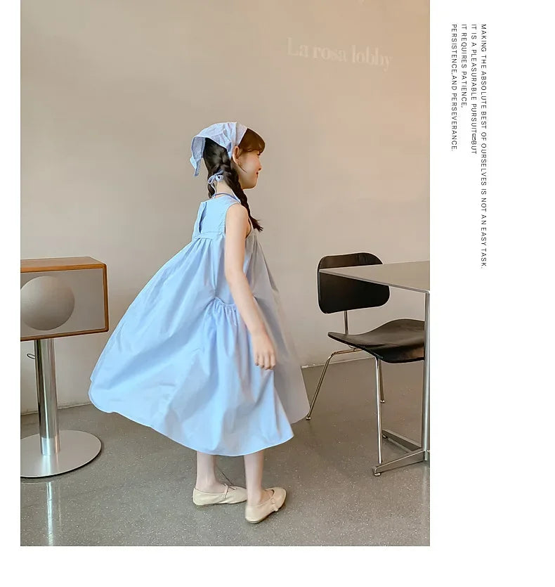 Girls Summer Round Neck Pleated Princess Dress