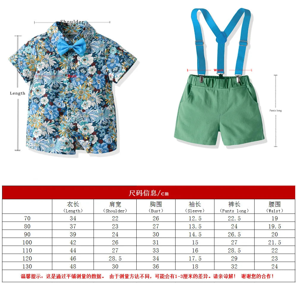 Boy's Summer Flower Printed Causal Suit W/ Bow Tie Pure Cotton 2-8 Years