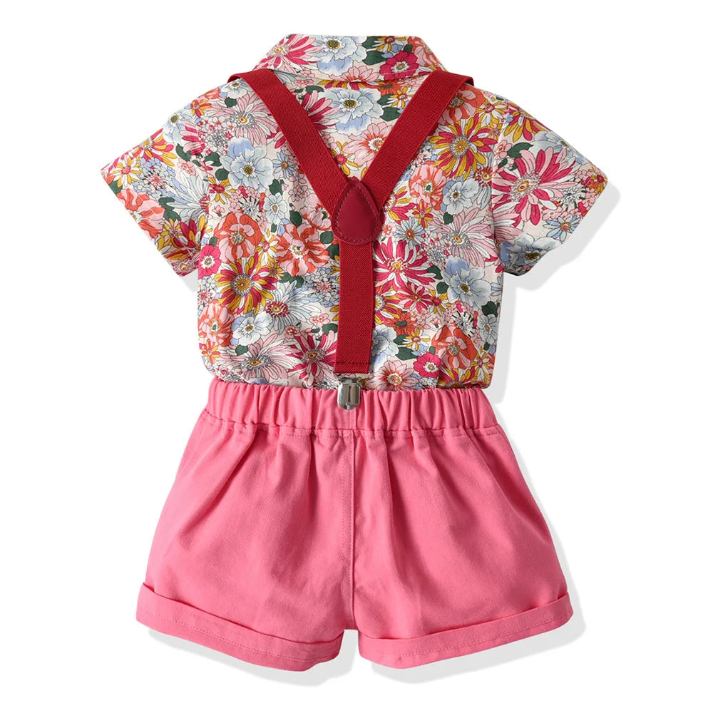 Boy's Summer Flower Printed Causal Suit W/ Bow Tie Pure Cotton 2-8 Years