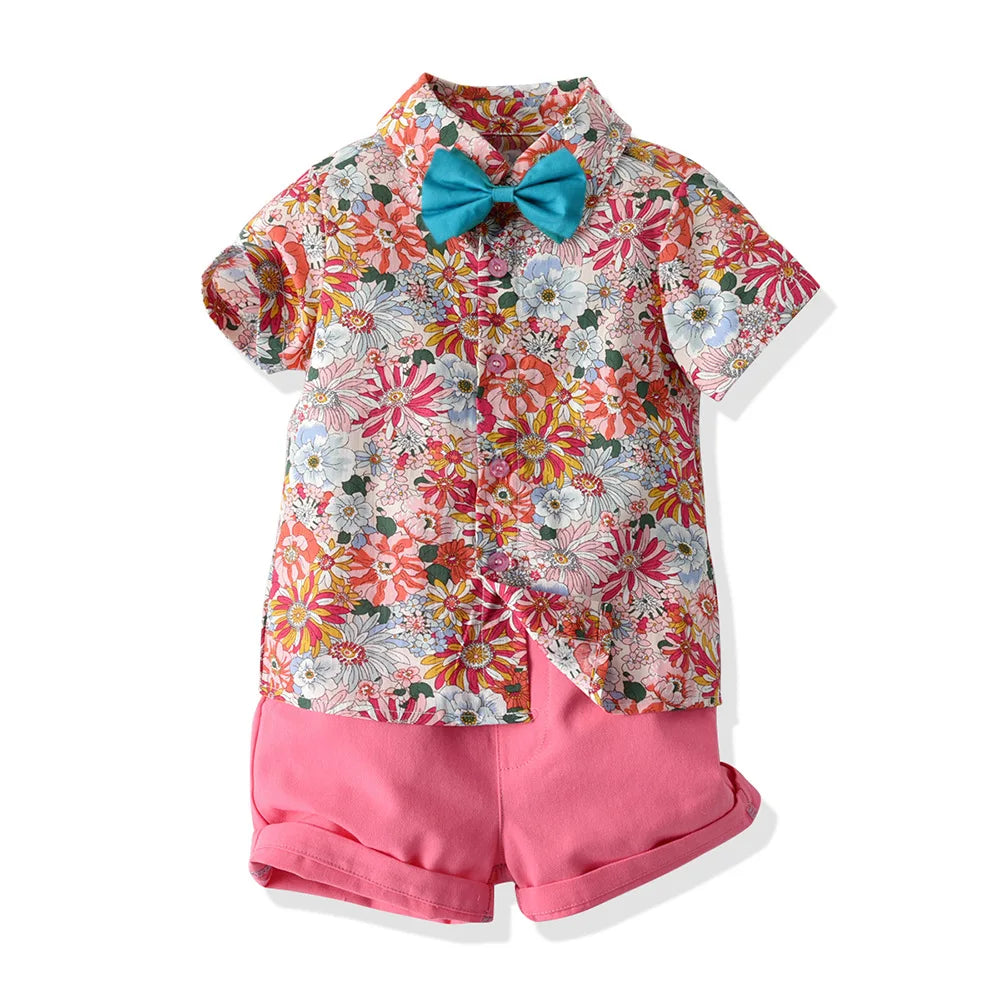 Boy's Summer Flower Printed Causal Suit W/ Bow Tie Pure Cotton 2-8 Years