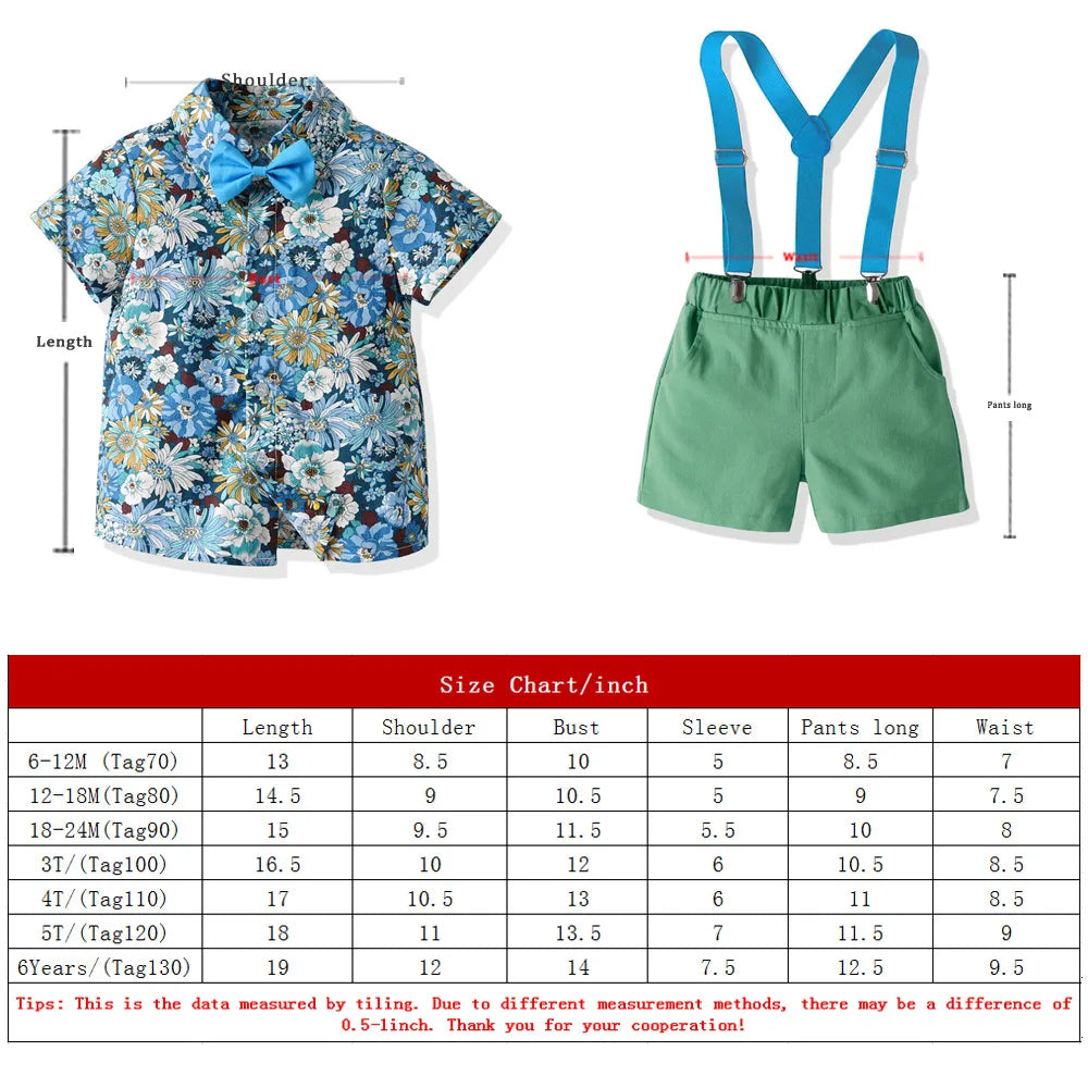Boy's Summer Flower Printed Causal Suit W/ Bow Tie Pure Cotton 2-8 Years