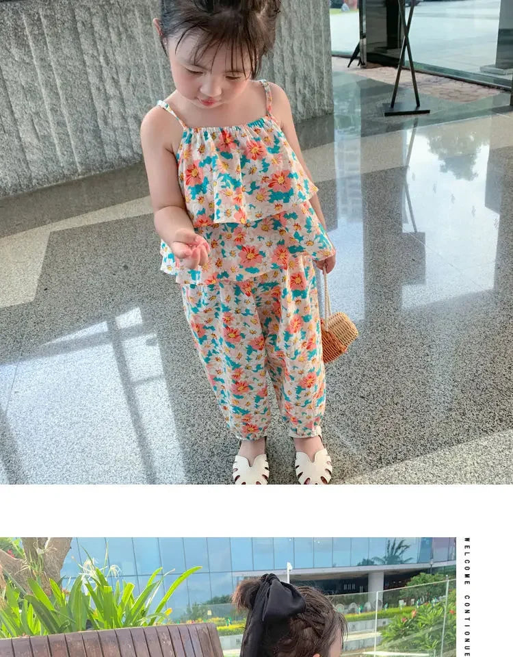 Summers New Baby Girl Cute Floral Vest And Anti-Mosquito Pants