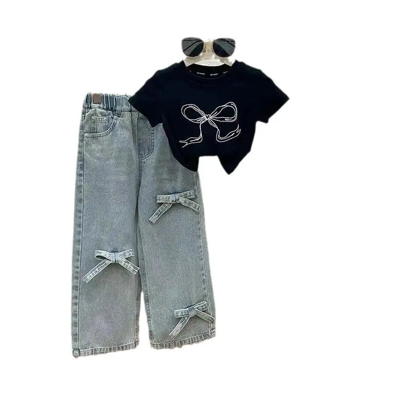 Cute Girls Bow Printed Short Sleeve Top + Jeans 2pcs Set