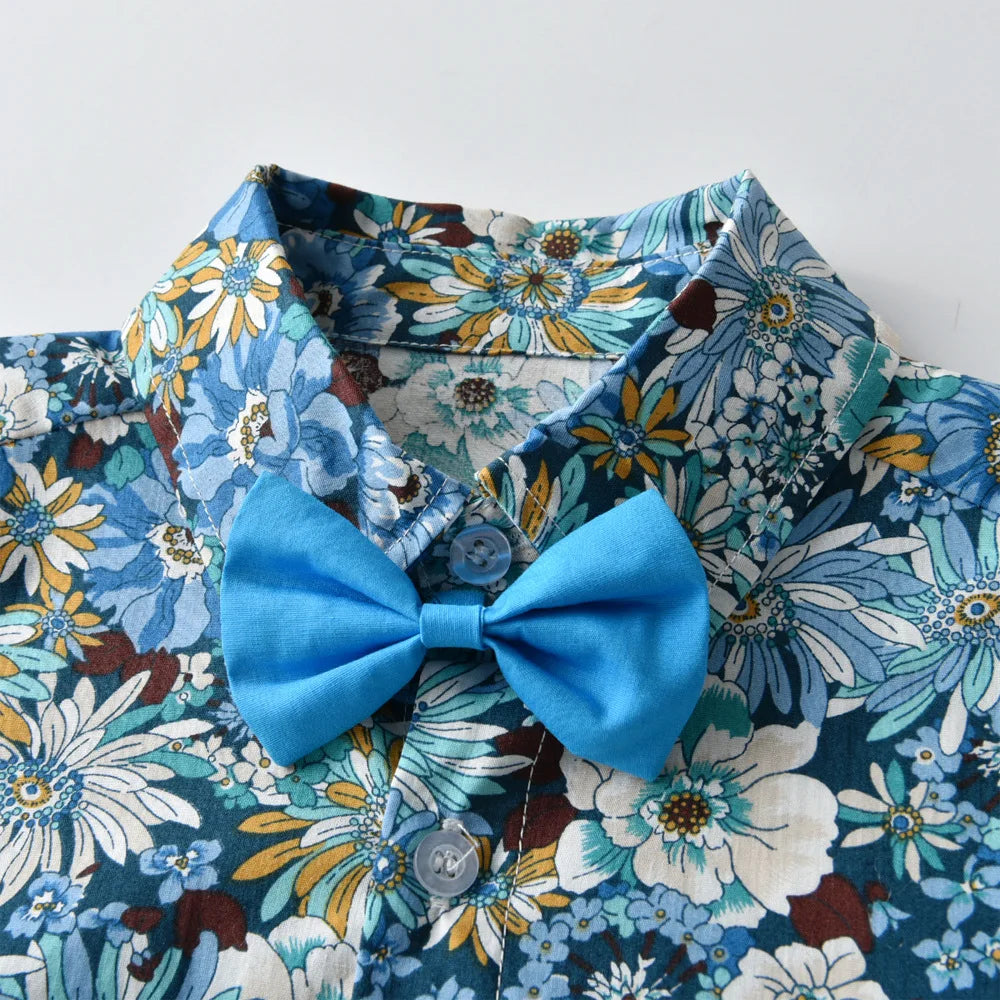 Boy's Summer Flower Printed Causal Suit W/ Bow Tie Pure Cotton 2-8 Years