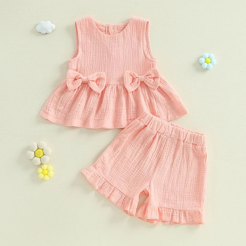 Lioraitiin Toddler Girl Summer Clothes Solid Color Bow Round Neck Tank Tops + Elastic Waist Ruffled Shorts Set