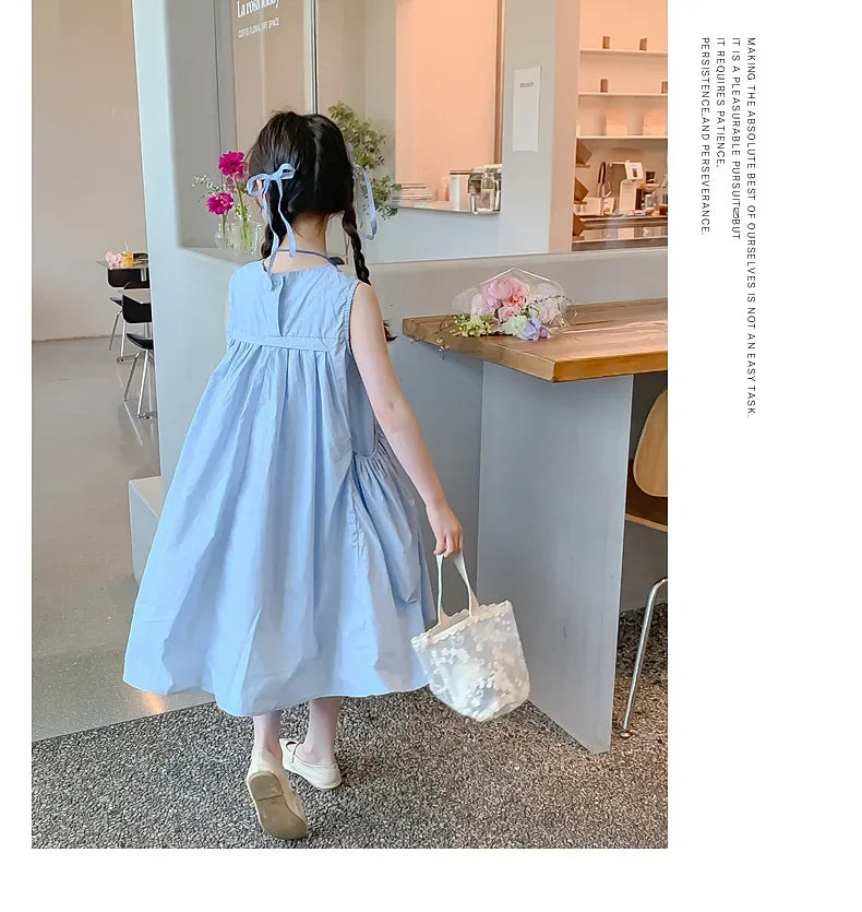 Girls Summer Round Neck Pleated Princess Dress