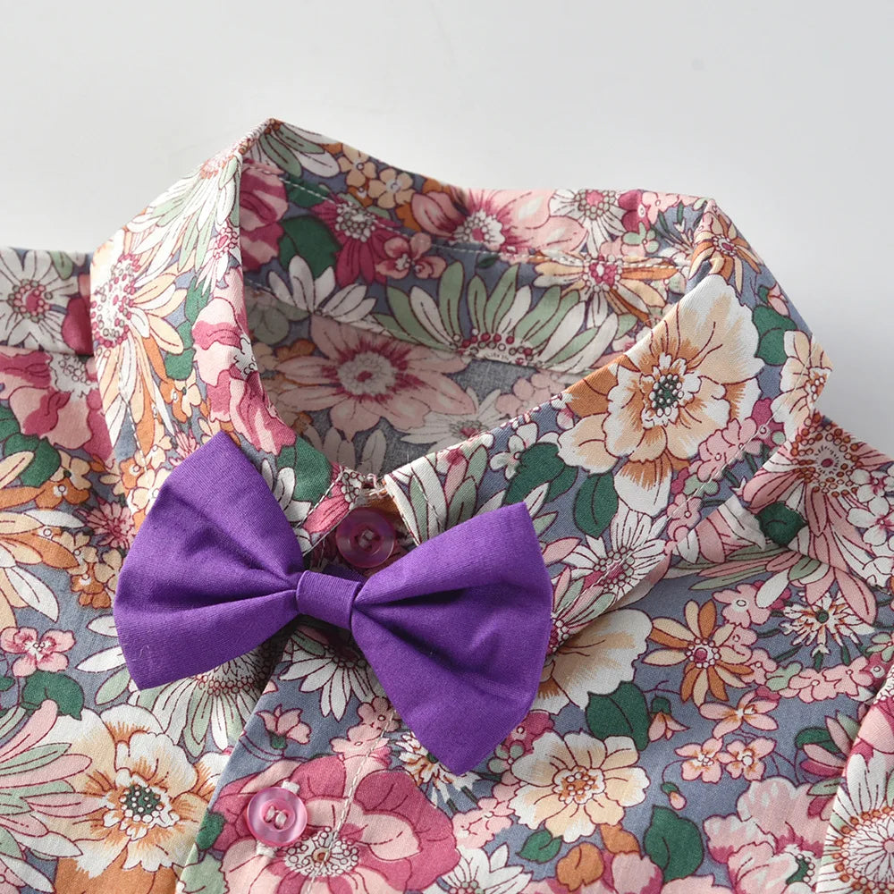 Boy's Summer Flower Printed Causal Suit W/ Bow Tie Pure Cotton 2-8 Years