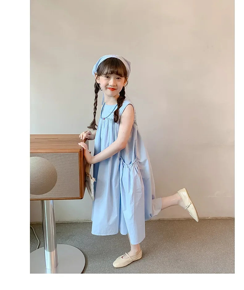 Girls Summer Round Neck Pleated Princess Dress