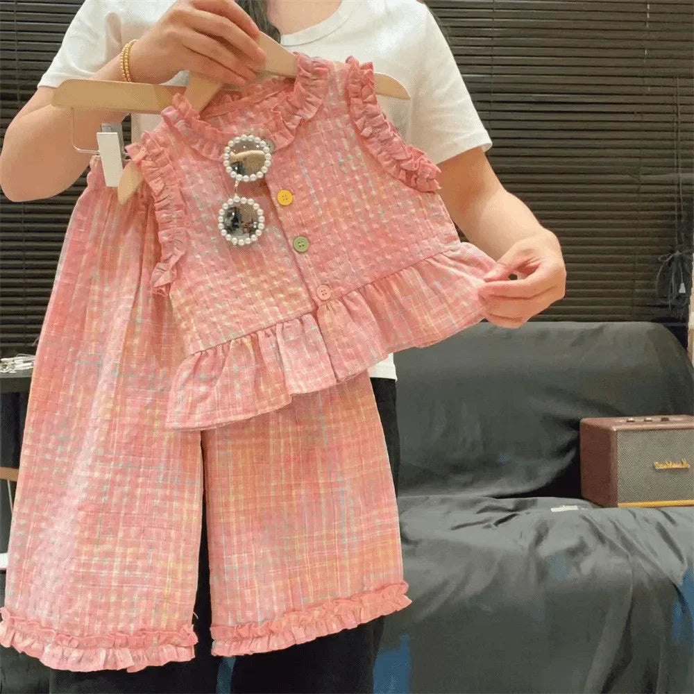 Girl's Pink Summer Two-piece Set W/Ruffles