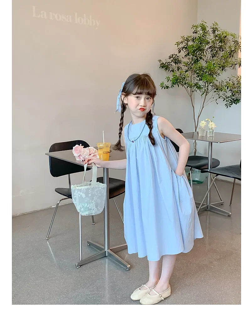 Girls Summer Round Neck Pleated Princess Dress