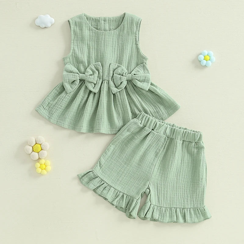 Lioraitiin Toddler Girl Summer Clothes Solid Color Bow Round Neck Tank Tops + Elastic Waist Ruffled Shorts Set