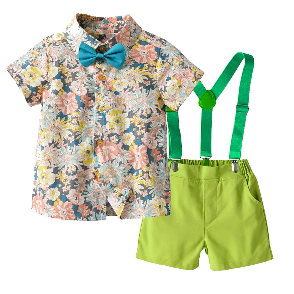 Boy's Summer Flower Printed Causal Suit W/ Bow Tie Pure Cotton 2-8 Years