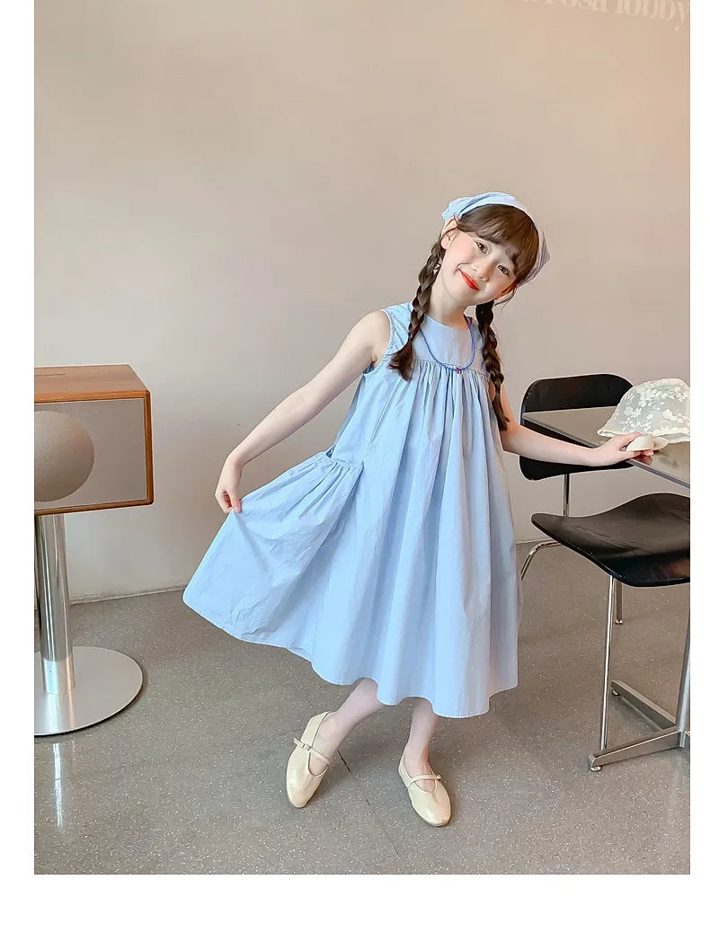 Girls Summer Round Neck Pleated Princess Dress