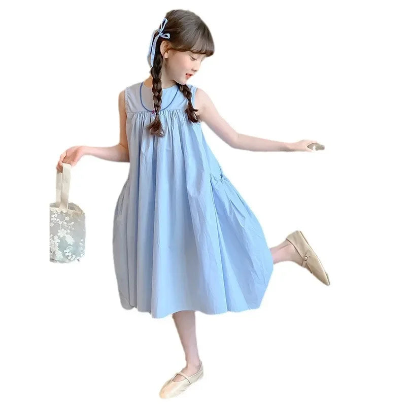 Girls Summer Round Neck Pleated Princess Dress