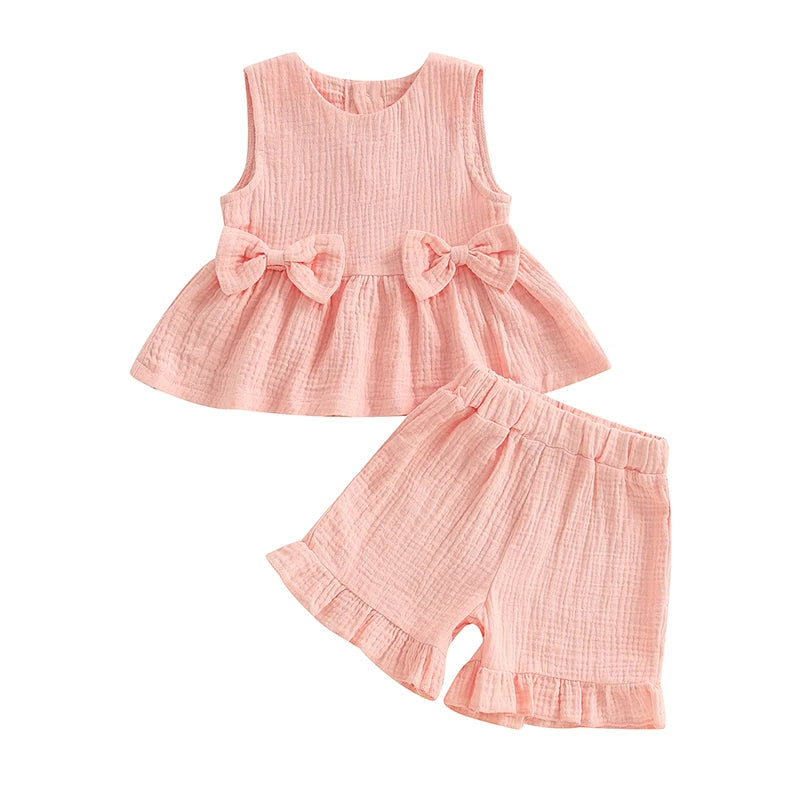 Lioraitiin Toddler Girl Summer Clothes Solid Color Bow Round Neck Tank Tops + Elastic Waist Ruffled Shorts Set