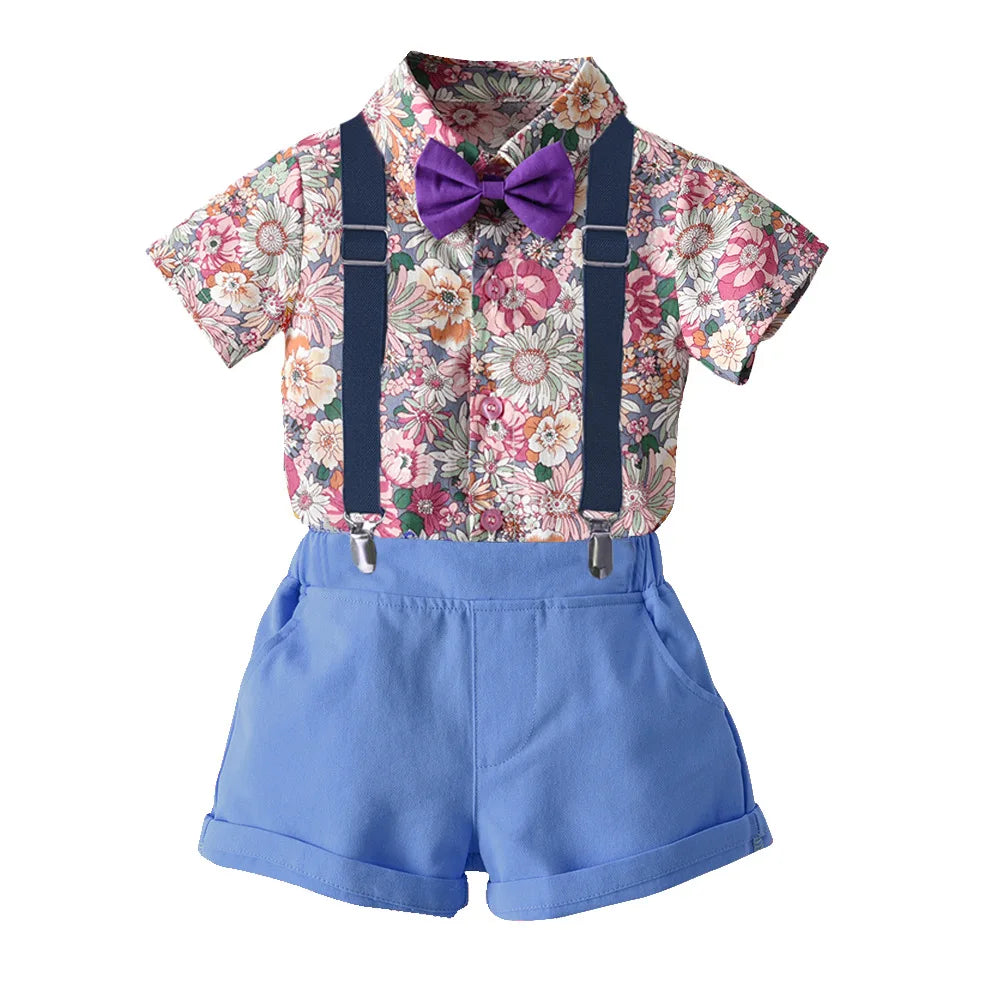 Boy's Summer Flower Printed Causal Suit W/ Bow Tie Pure Cotton 2-8 Years