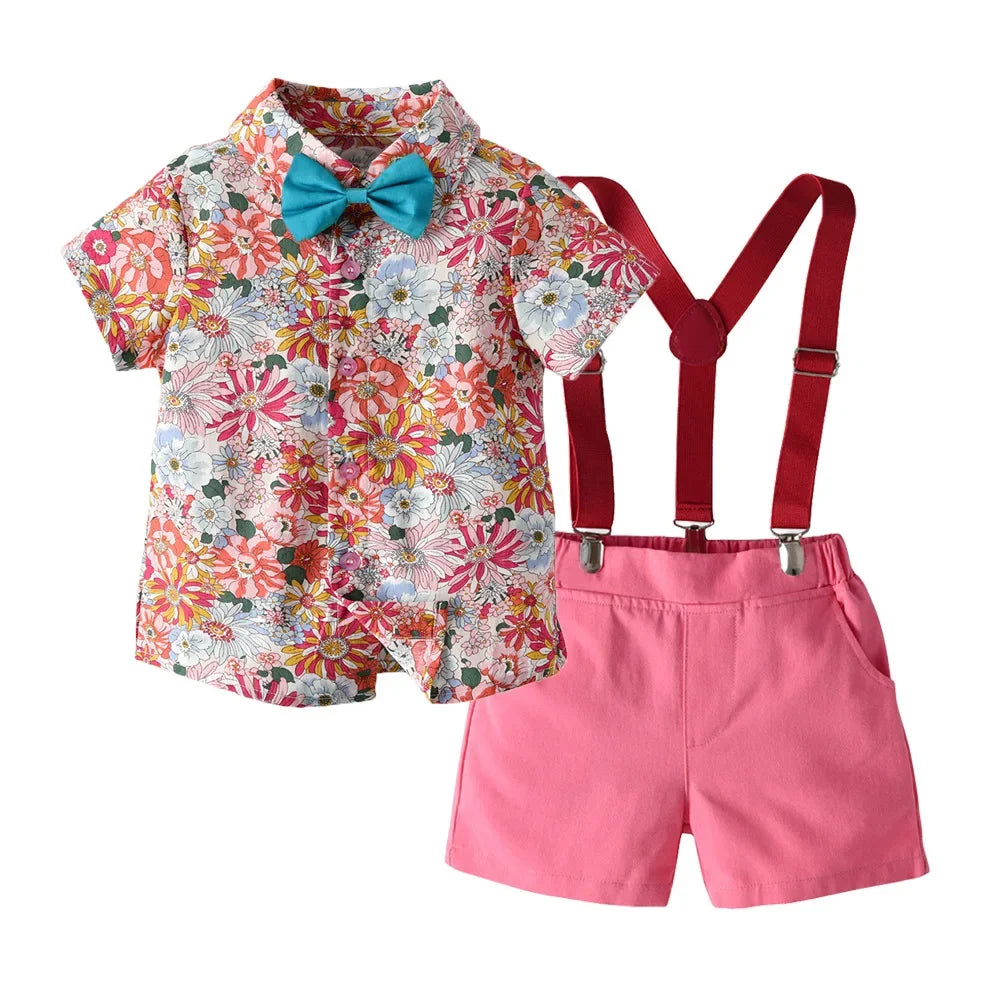 Boy's Summer Flower Printed Causal Suit W/ Bow Tie Pure Cotton 2-8 Years