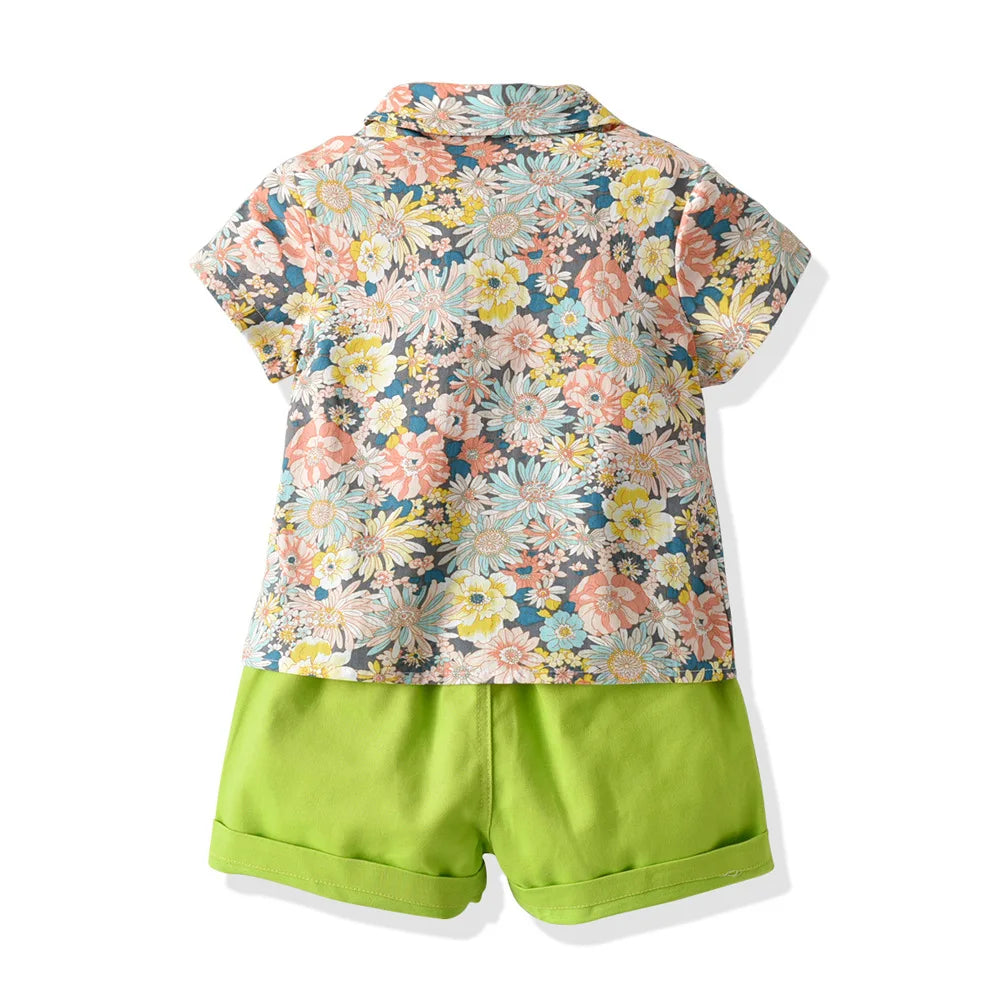 Boy's Summer Flower Printed Causal Suit W/ Bow Tie Pure Cotton 2-8 Years