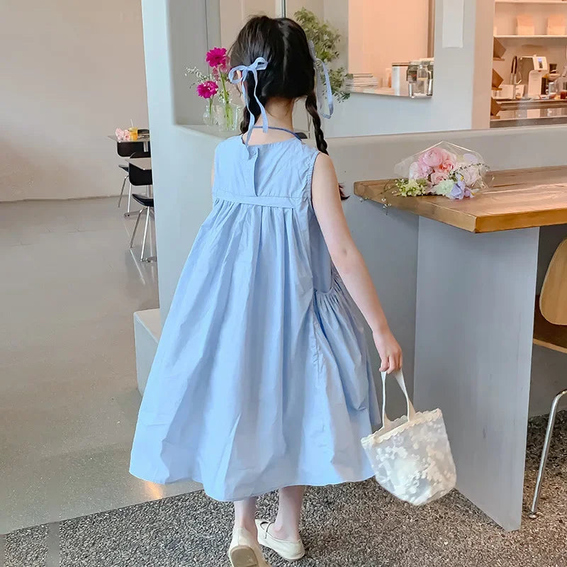 Girls Summer Round Neck Pleated Princess Dress