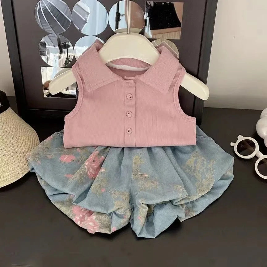 Baby Girl 2pc Set Sleeveless Top + Denim Bud Shorts