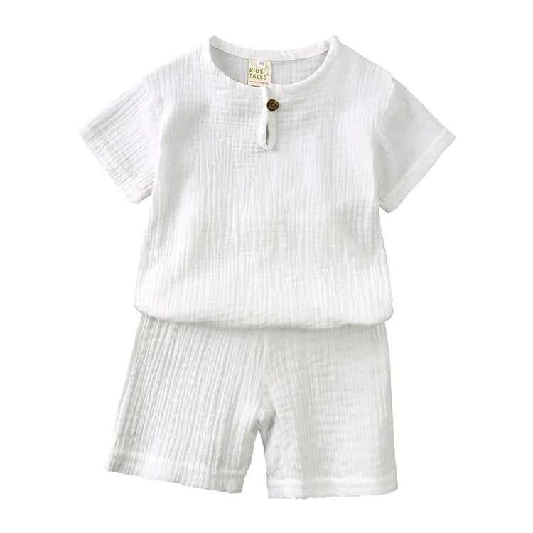 Kids Soild Color Unisex Cotton Linen Short Sleeve Tops/Shorts Set