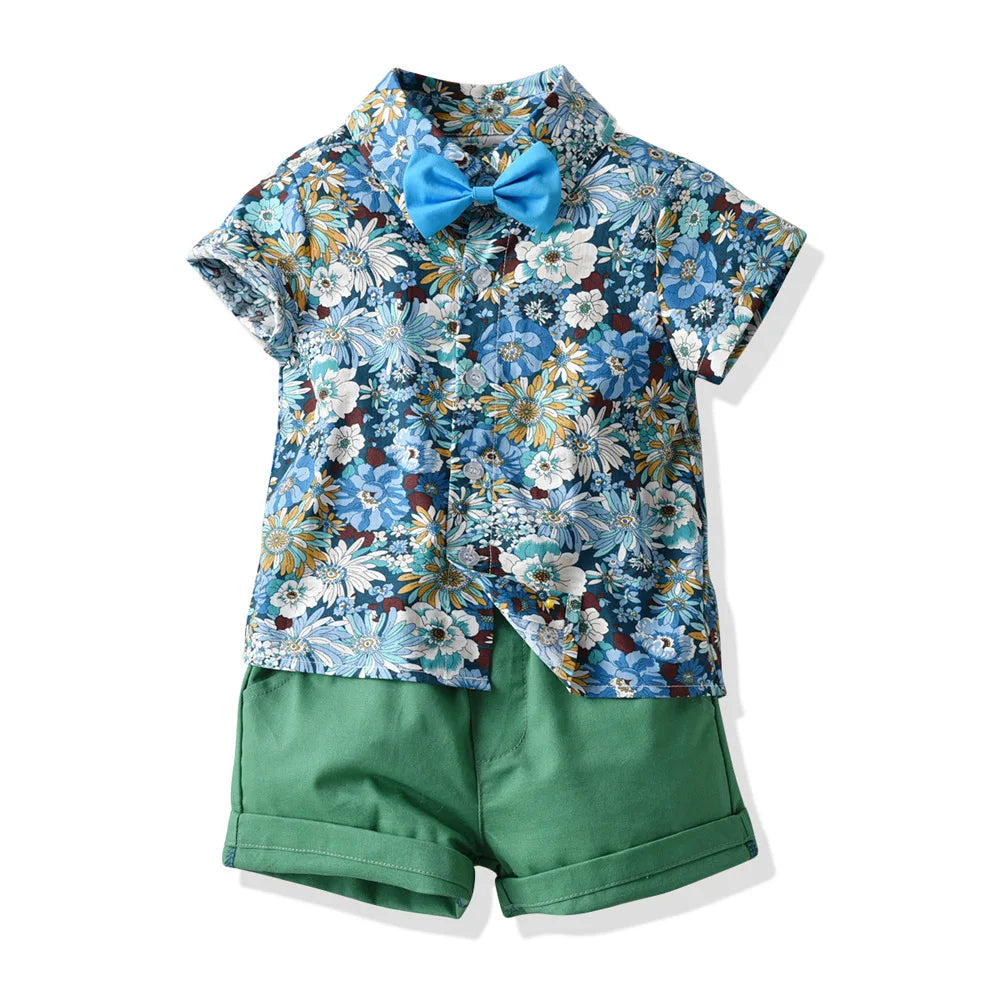 Boy's Summer Flower Printed Causal Suit W/ Bow Tie Pure Cotton 2-8 Years