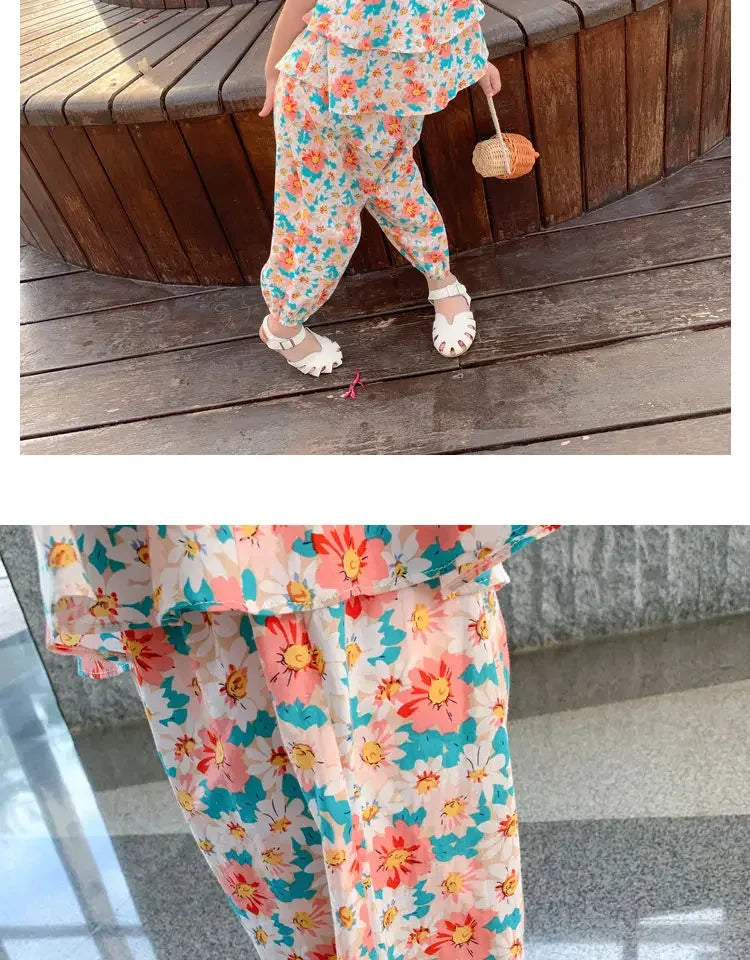 Summers New Baby Girl Cute Floral Vest And Anti-Mosquito Pants