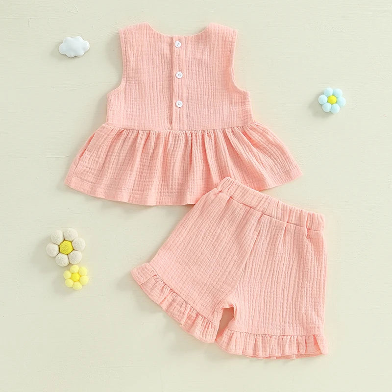 Lioraitiin Toddler Girl Summer Clothes Solid Color Bow Round Neck Tank Tops + Elastic Waist Ruffled Shorts Set