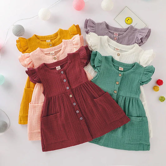 0-6 Years Toddler/Kid Baby Girl Cotton Summer Dress w/ Ruffled Sleeves