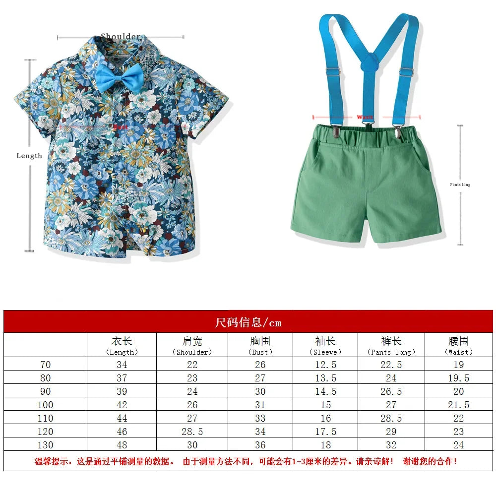 Boy's Summer Flower Printed Causal Suit W/ Bow Tie Pure Cotton 2-8 Years