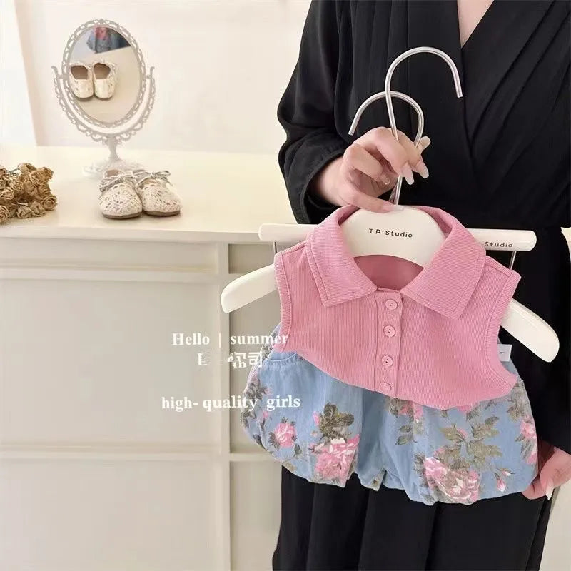 Baby Girl 2pc Set Sleeveless Top + Denim Bud Shorts