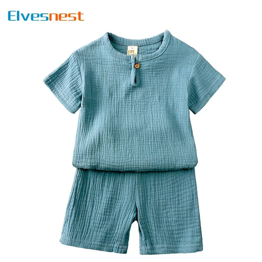 Kids Soild Color Unisex Cotton Linen Short Sleeve Tops/Shorts Set