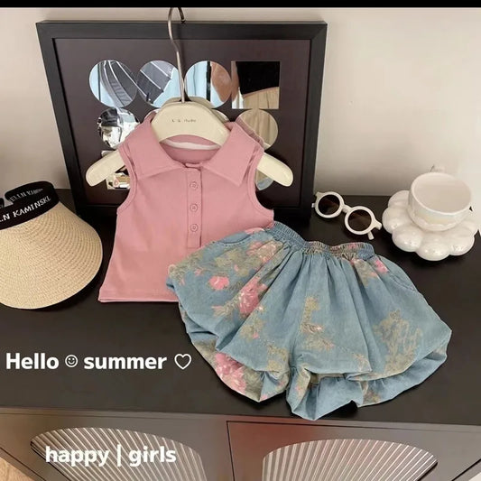Baby Girl 2pc Set Sleeveless Top + Denim Bud Shorts