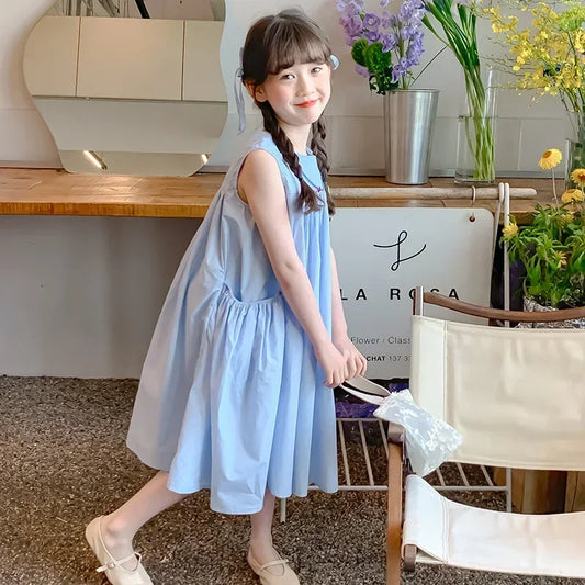 Girls Summer Round Neck Pleated Princess Dress