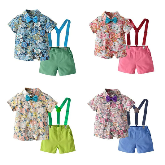 Boy's Summer Flower Printed Causal Suit W/ Bow Tie Pure Cotton 2-8 Years