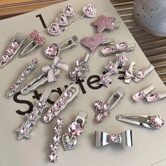 Fashion Luxury Vintage Pink/Silver Heart Rhinestone Hair Clips For Women/Girls