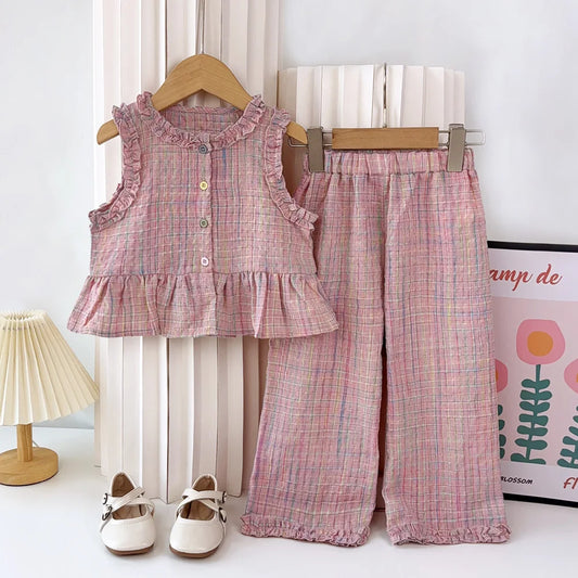 Girl's Pink Summer Two-piece Set W/Ruffles