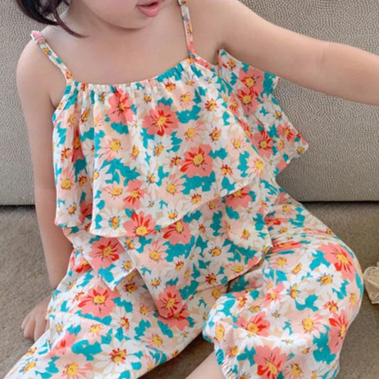 Summers New Baby Girl Cute Floral Vest And Anti-Mosquito Pants